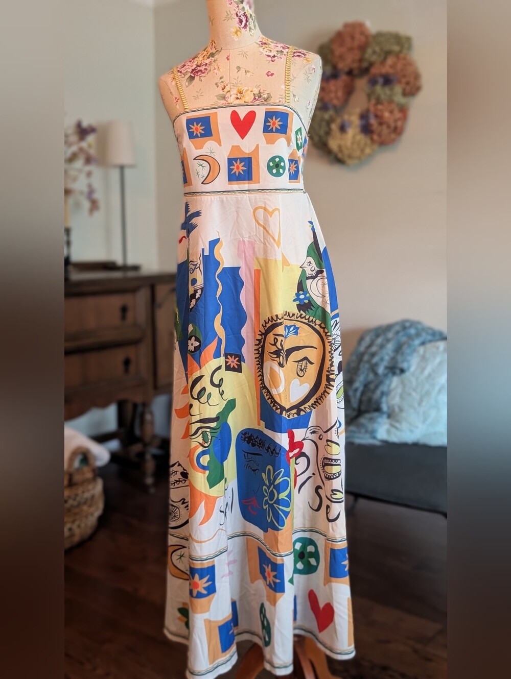 Colorful Abstract Sun Dress Print Strapless Maxi Dress